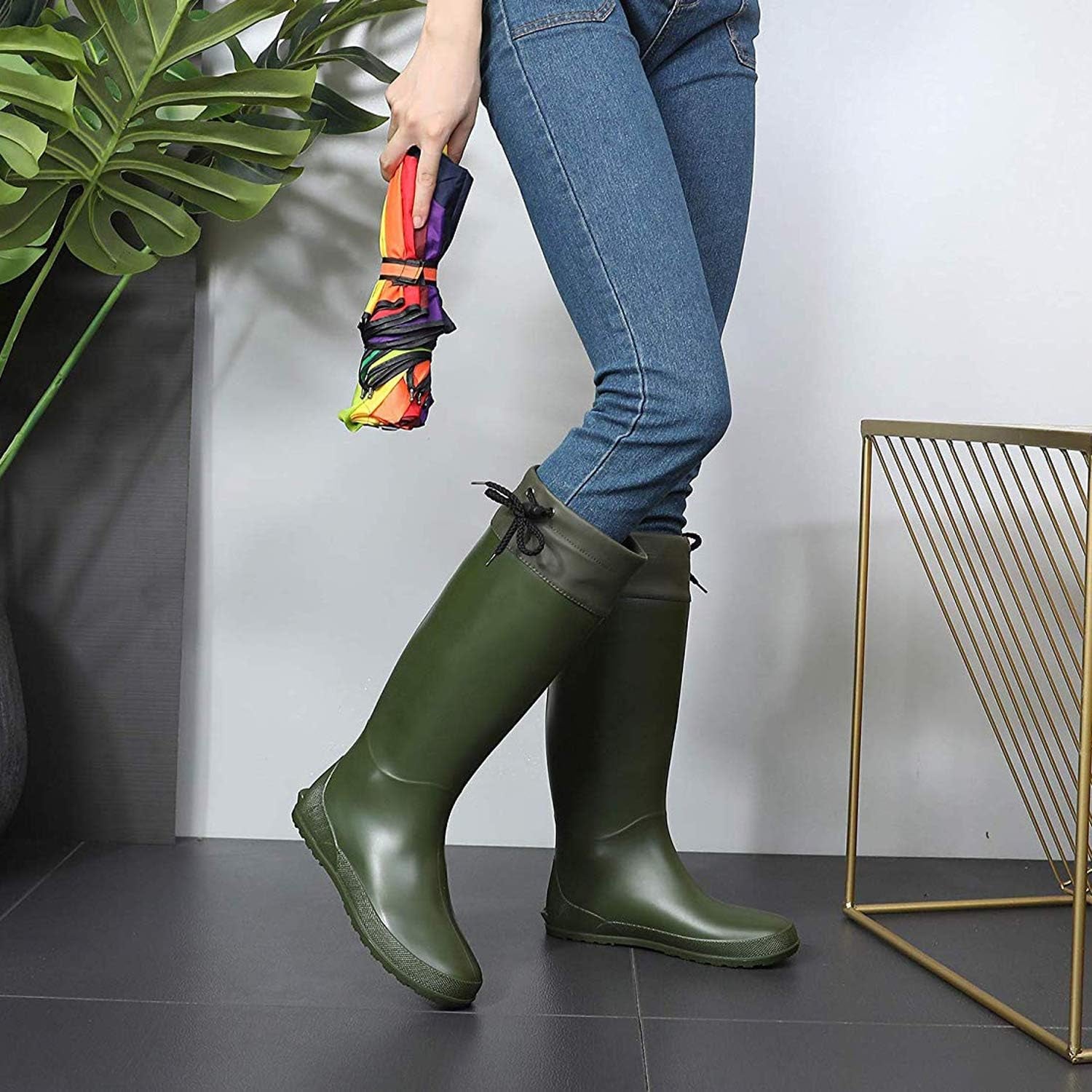 Packable Tall Rain Boots for Women Waterproof Rubber Garden Boots Ultra Lightweight Flat Wellies Mud Boots- NOT for WIDE CALF